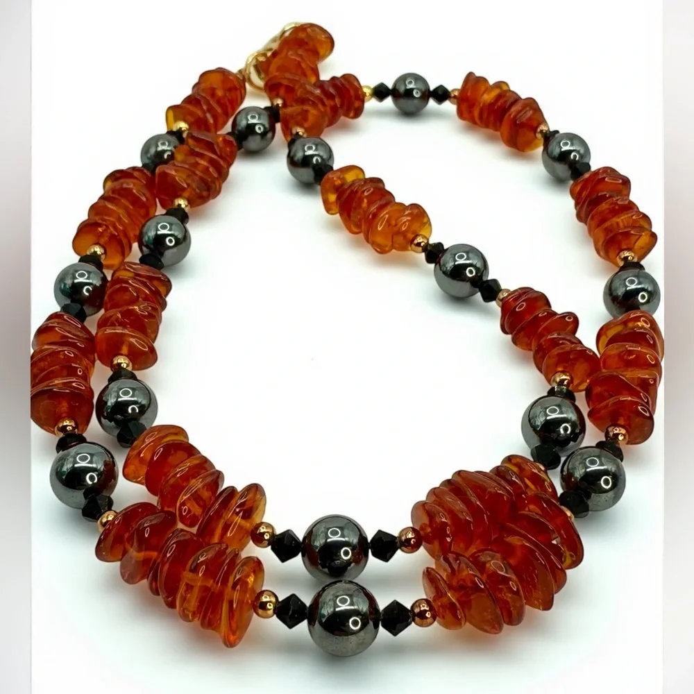 Vintage 26” Natural Amber & Hematite Bead Necklace Gold Fold-Over Clasp Stunning